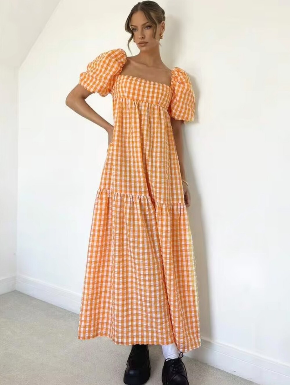 🧡 Orange Puff-Sleeve Maxi Dress